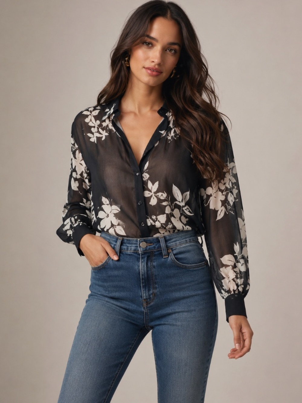 Anthropologie Black Sheer Floral Button-Down Blouse